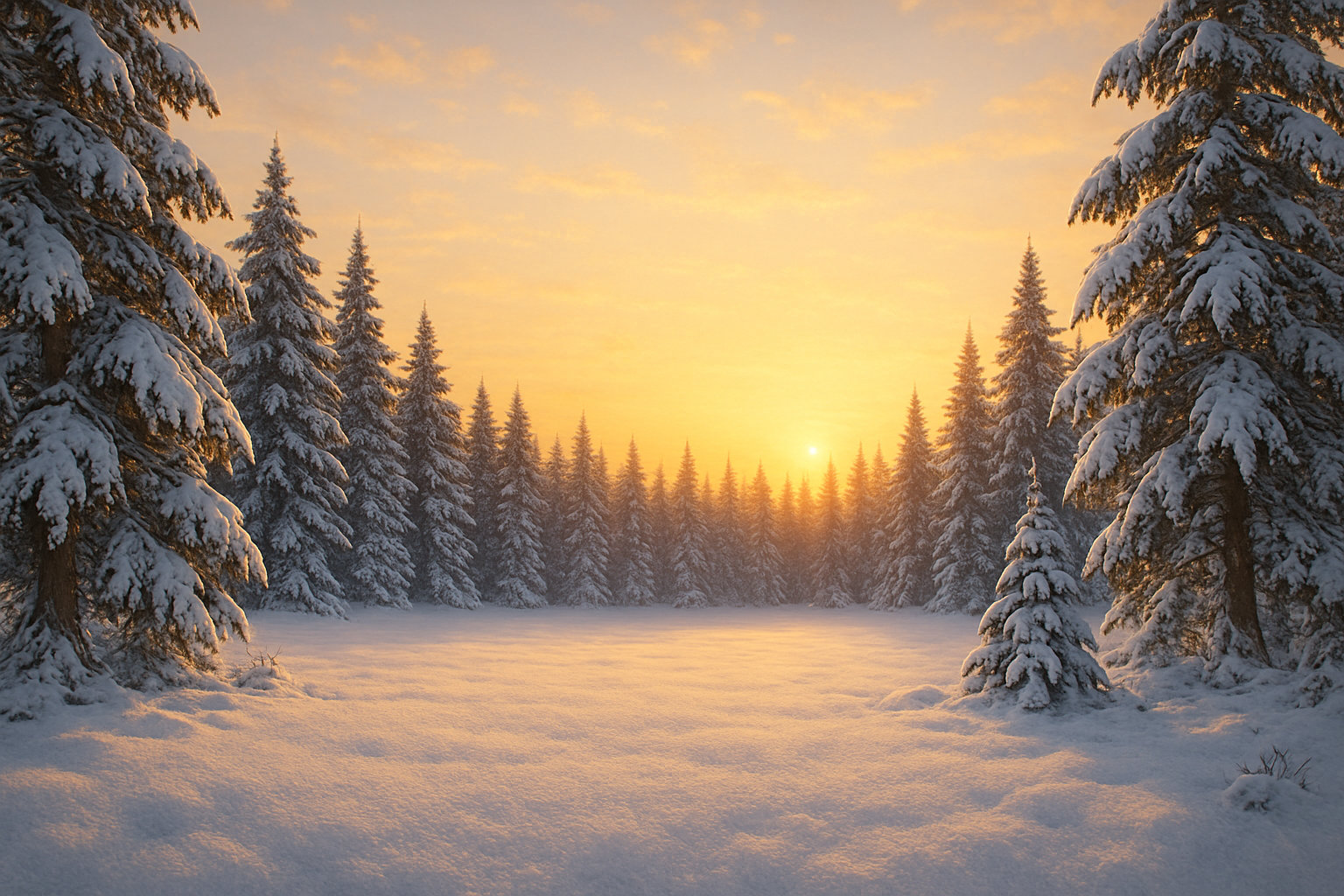 Snowy meadow with pines and firs framing the scene